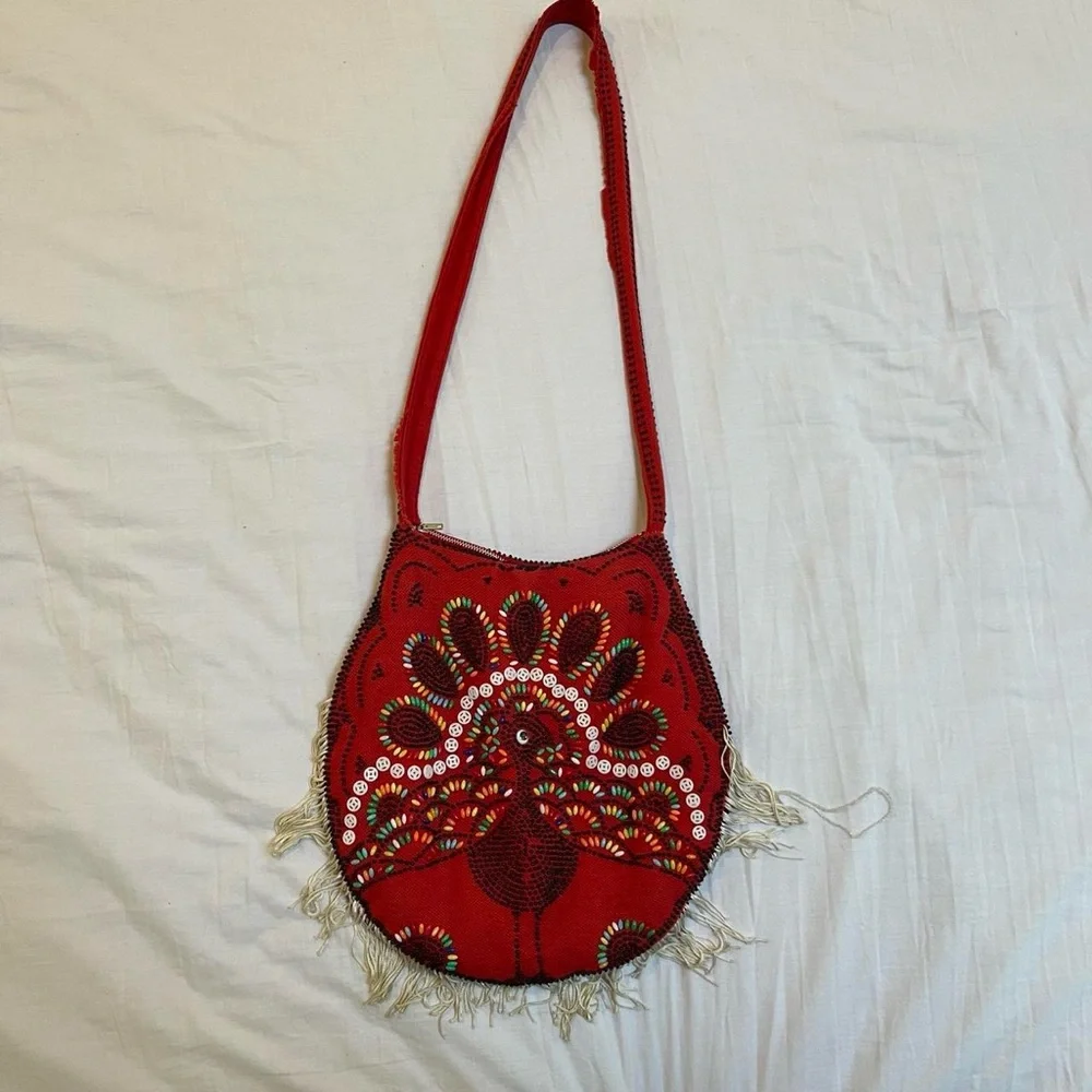 Red Beaded and Embroidered Peacock Satchel Purse‎ Vintage 1970s